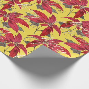 Merry KerstGold Glitter Script Floral Yellow Cadeaupapier