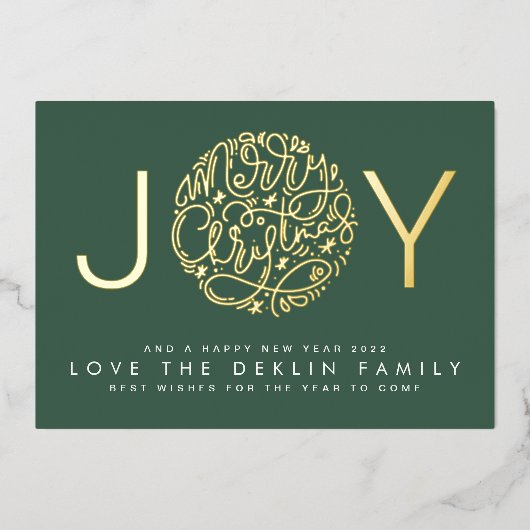 Merry KerstGold JOY foto terug Green Leaf Folie Feestdagenkaart (Voorkant)