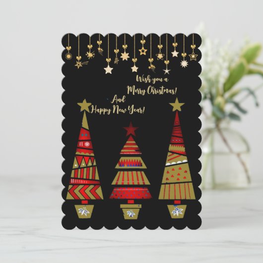Merry KerstGold Ornaments Tree Decor Black Feestdagenkaart (Staand voorkant)