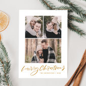 Merry KerstGold Script 3 Foto Collage Feestdagenkaart