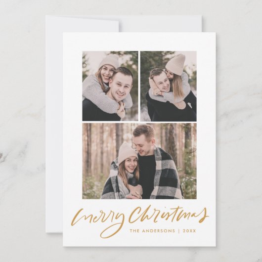 Merry KerstGold Script 3 Foto Collage Feestdagenkaart (Voorkant)