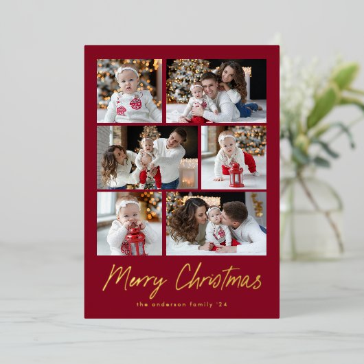 Merry KerstGold Script 6 Foto Collage Folie Feestdagenkaart (Staand Voorkant)