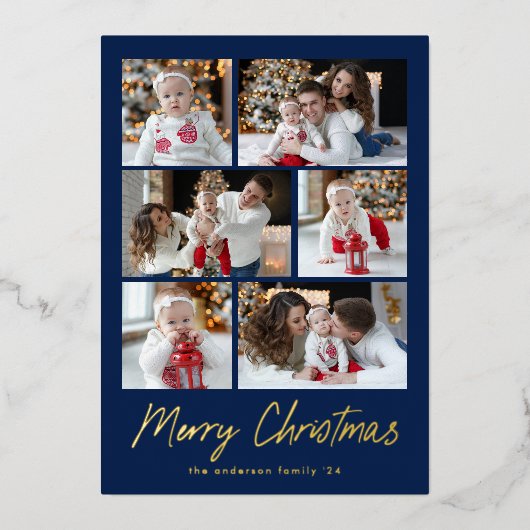 Merry KerstGold Script 6 Foto Collage Folie Feestdagenkaart (Voorkant)