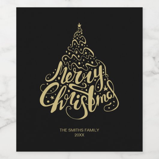 Merry KerstGold Typografie Tree Label Wijn Etiket (Enkel label)