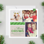 Merry KerstGreen  Foto Collage Feestdagenkaart<br><div class="desc">Met deze simpelweg mooie vierkant-kerstkaart stuur je kerstcadeautje naar familie en vrienden. Een Festive striped kaart bevat drie fotoplaatsingen om uw favoriete foto's te laten zien.</div>