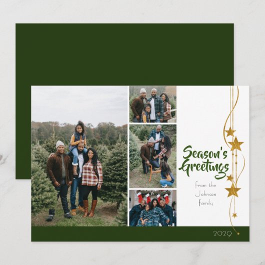 Merry KerstGreen Gold Stars Foto Collage Feestdagenkaart (Voorkant / Achterkant)