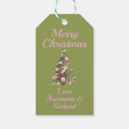 Merry KerstGreen Roze Boom op Groen met Naam Cadeaulabel