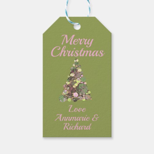 Merry KerstGreen Roze Boom op Groen met Naam Cadeaulabel (Voorkant)