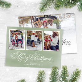 Merry KerstGreen Script Photo Collage Feestdagenkaart