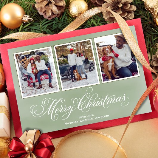 Merry KerstGreen Script Photo Collage Feestdagenkaart