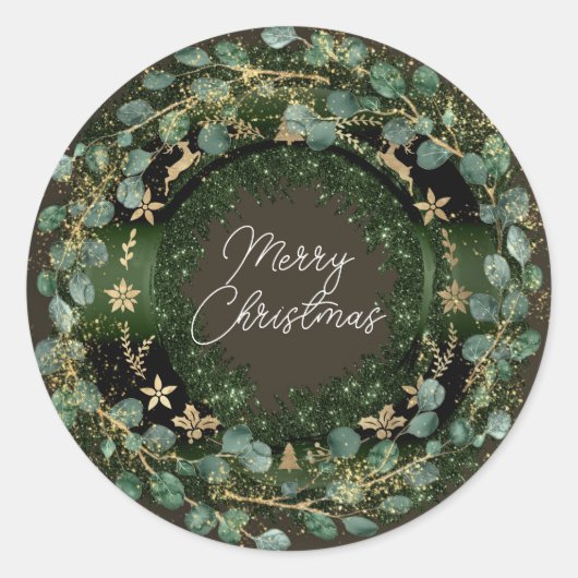 Merry KerstGreen Wreath Winter Gold Woodland Ronde Sticker (Voorkant)