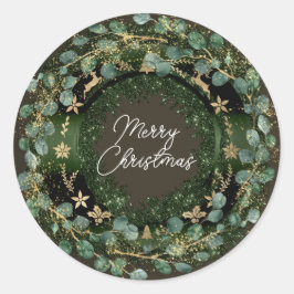 Merry KerstGreen Wreath Winter Gold Woodland Ronde Sticker