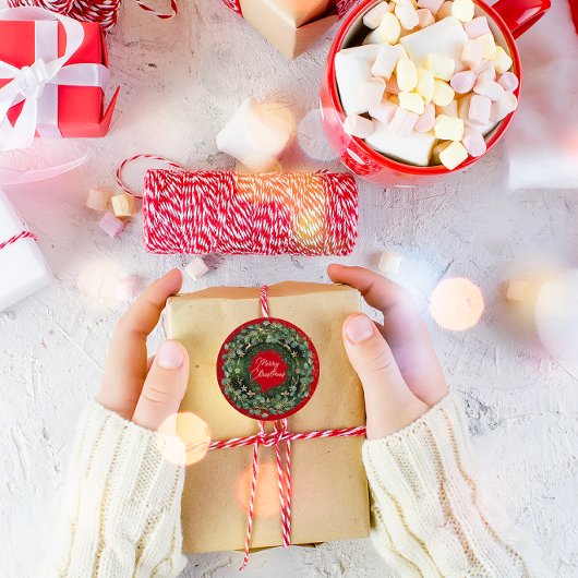 Merry KerstGreen Wreath Winter Red Woodland Ronde Sticker