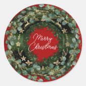 Merry KerstGreen Wreath Winter Red Woodland Ronde Sticker (Voorkant)