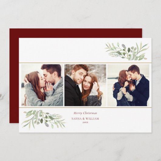 Merry KerstGreenery 3 Foto Collage Feestdagenkaart (Voorkant / Achterkant)