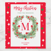 Merry KerstGreenery Monogram Berry Wreath Wijn Etiket (Enkel label)