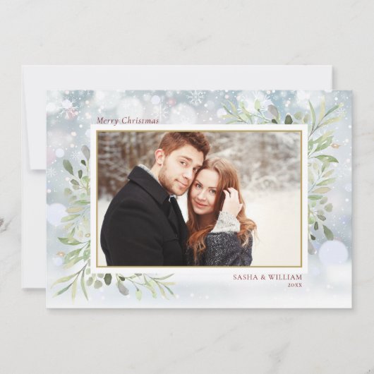 Merry KerstGreenery Snowflakes Foto Feestdagenkaart (Voorkant)