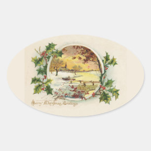 Merry KerstGreetings  Village Scene Ovale Sticker
