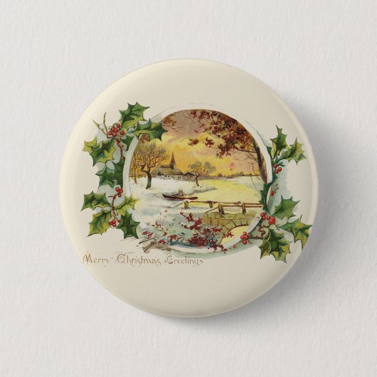 Merry KerstGreetings Village Scene Ronde Button 5,7 Cm (Voorkant)