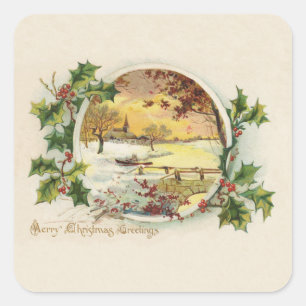 Merry KerstGreetings  Village Scene Vierkante Sticker