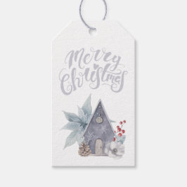 Merry Kerstgrijs Birdhouse Poinsettias Cadeaulabel