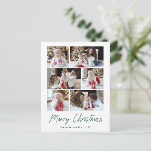 Merry kerstgroen script 6 Foto Collage Feestdagenkaart (Staand voorkant)
