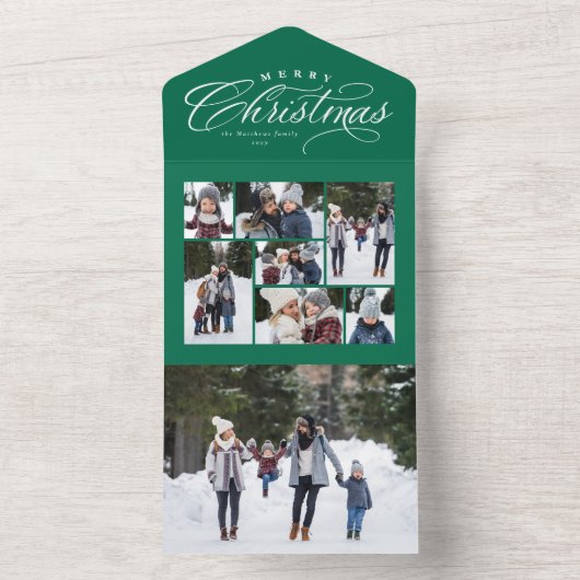 Merry kerstgroene fotocollage, uniek drievoudig all in one uitnodiging (Binnen)