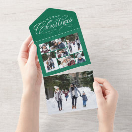 Merry kerstgroene fotocollage, uniek drievoudig all in one uitnodiging