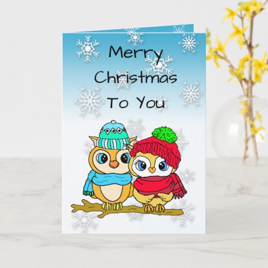 Merry Kersthand Drawn Festive Owls Kaart (Gele Bloem)