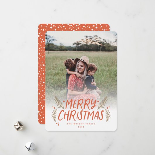 Merry Kersthand getekende Pine Berries Red Foto Feestdagenkaart (Voorkant / Achterkant in situ)