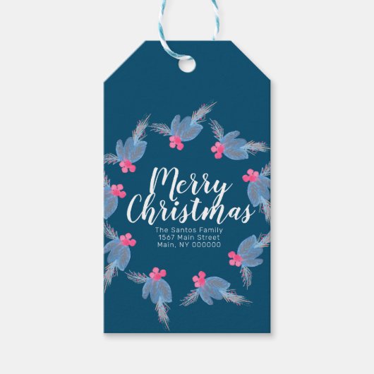 Merry Kersthand Waterverf Blue Poinsettia Cadeaulabel (Voorkant)