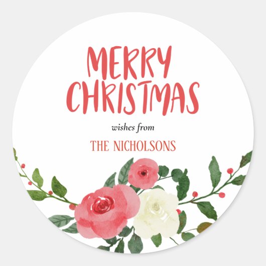 Merry Kersthandgeschreven rode rozen met script Ronde Sticker (Voorkant)