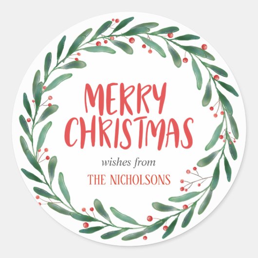 Merry Kersthandgeschreven script | Wreath Ronde Sticker (Voorkant)