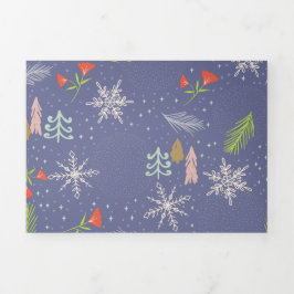 Merry kersthandgetekende bomen Snowflakes Flowers Drieluik Wenskaart