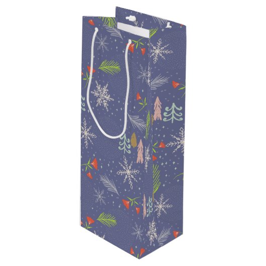 Merry kersthandgetekende bomen Snowflakes Flowers Wijn Cadeautas (Voorkant Gekanteld)