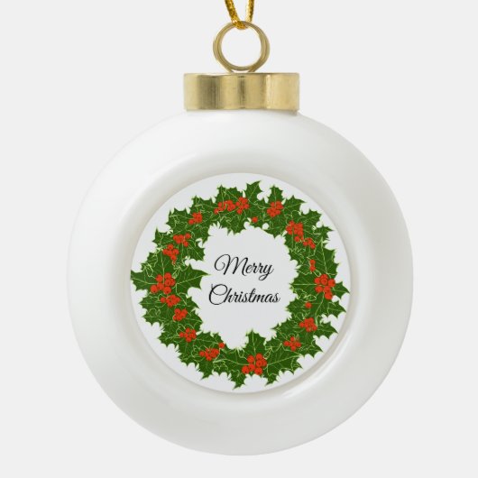 Merry KerstHolly Wreath Keramische Bal Ornament (Voorkant)