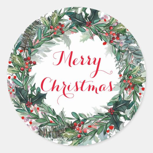 Merry KerstHolly Wreath Ronde Sticker (Voorkant)