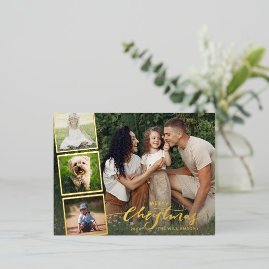 Merry Kerstkalligrafie Foto Collage Gold Folie Feestdagen Briefkaart (Staand Voorkant)