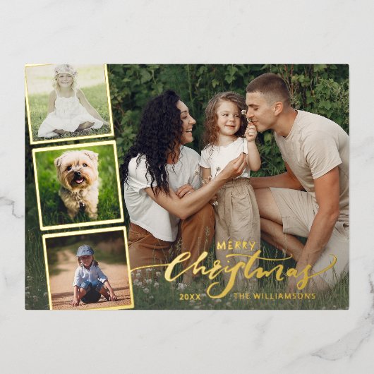 Merry Kerstkalligrafie Foto Collage Gold Folie Feestdagen Briefkaart (Voorkant)