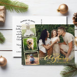 Merry Kerstkalligrafie Foto Collage Gold Folie Feestdagen Briefkaart<br><div class="desc">Stuur speciale vakantiewensen uit met dit feestelijke briefkaart met "vrolijk kerstfeest" in een handgeschreven typografische lettertype in echte gouden folie - samen met vier van uw favoriete foto's die zijn omringd door een gouden folie grens. Voeg gemakkelijk uw eigen getypte vakantiegroet aan de achterkant toe of schrap de nota om...</div>