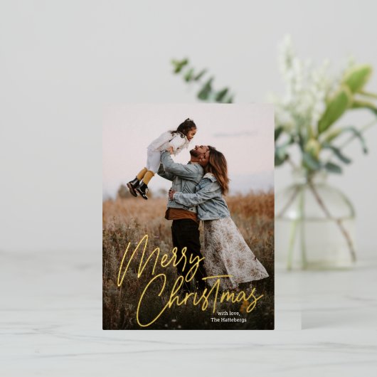 Merry Kerstkalligrafie Foto Folie Feestdagen Briefkaart (Staand Voorkant)