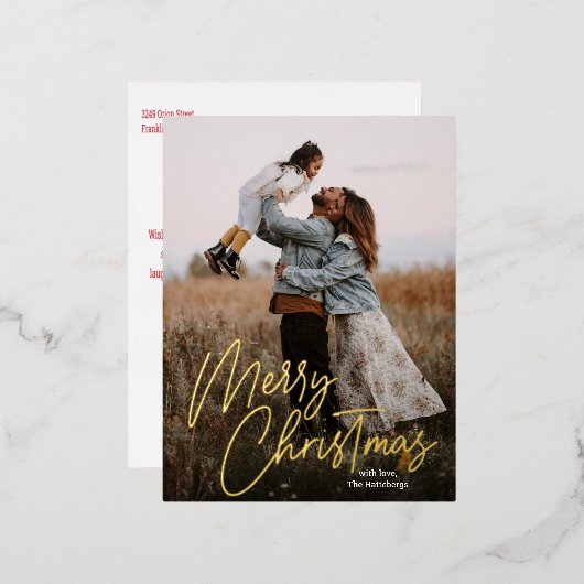 Merry Kerstkalligrafie Foto Folie Feestdagen Briefkaart (Voorkant / Achterkant)