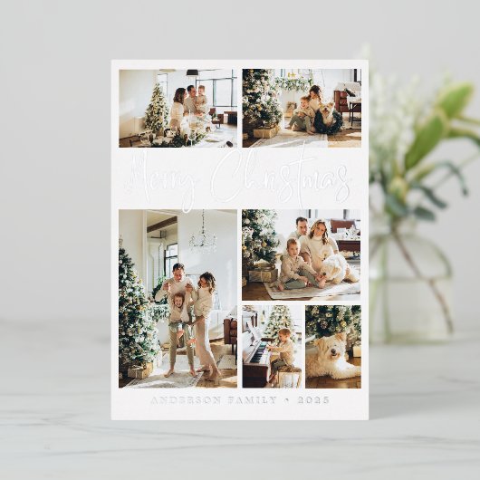 Merry Kerstkalligrafie Foto Silver Folie Feestdagenkaart (Staand Voorkant)