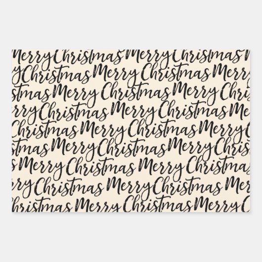 Merry-kerstkalligrafiepatroon - zwarte crème inpakpapier vel (Voorkant)