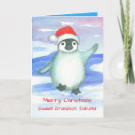 Merry Kerstkleinson Baby Penguin Custom Feestdagen Kaart<br><div class="desc">Een prettig kerstwenskaart voor een kind met een zoete baby pinguïn in een helder rood kerstman pet dat danst op de ijzige sneeuw,  geïllustreerd met waterverf.</div>