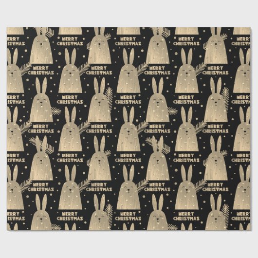 Merry Kerstkonijn Sepia Gold Metallic Black Cadeaupapier (Vlak)