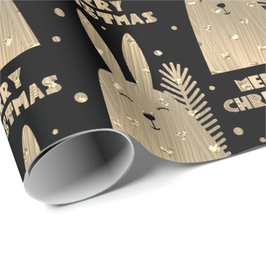 Merry Kerstkonijn Sepia Gold Metallic Black Cadeaupapier (Rol Hoek)