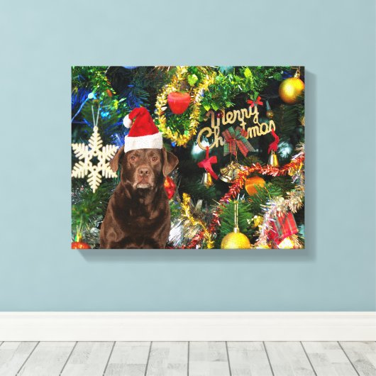 Merry Kerstlabrador Retriever Dog Santa Hat Canvas Afdruk (Insitu (Houten vloer))