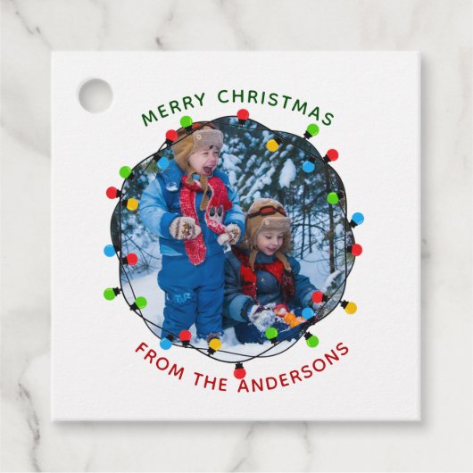 Merry Kerstlampjes Foto rood van Bedankjes Labels (Voorkant)