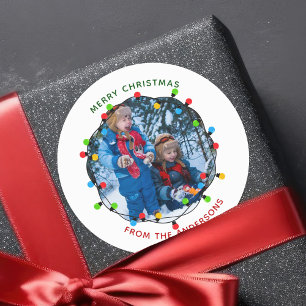 Merry Kerstlampjes Foto rood van Ronde Sticker